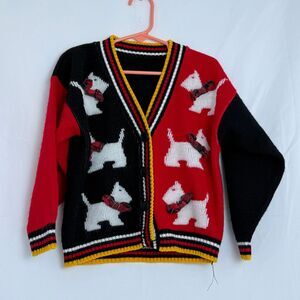 Vintage Scottie Dog Cardigan Sweater Red Black White Yellow Kids‎ Winter Knit